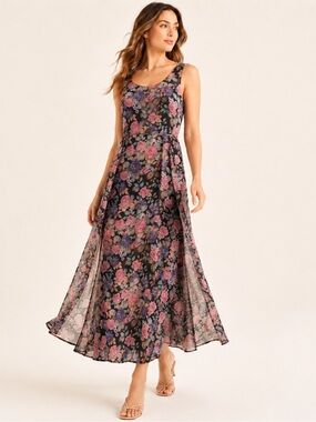 Anne David de Paris Vintage 90s Floral Chiffon Overlay Maxi Dress Sz M